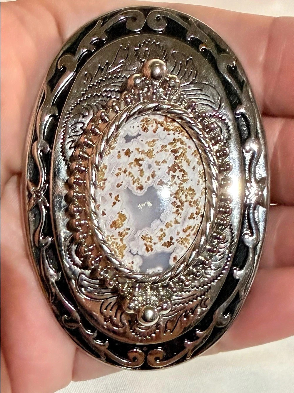 Western Agate Belt Buckle in Silver & White 2 1/2 “ Made in USA